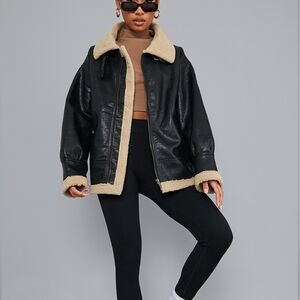 PrettyLittleThing Black Faux Leather Aviator Jacket with Cream Shearling Trim